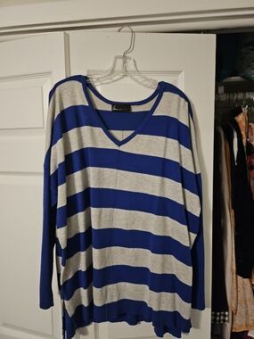 Lane Bryant Royal Blue and Light Gray Striped V-Neck Sweater
